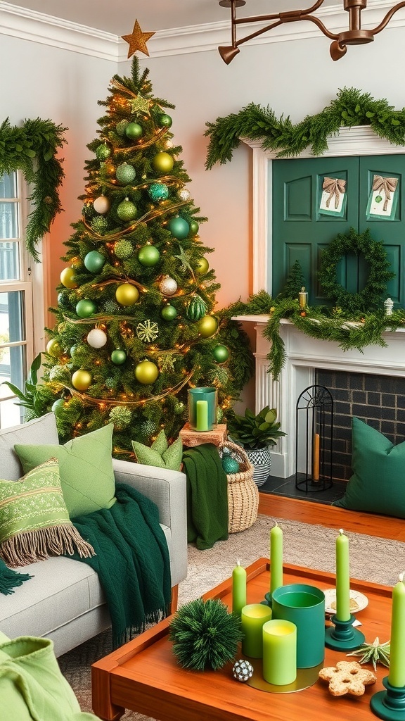 A cozy Christmas living room with a green tree, garlands, and green-themed decor.